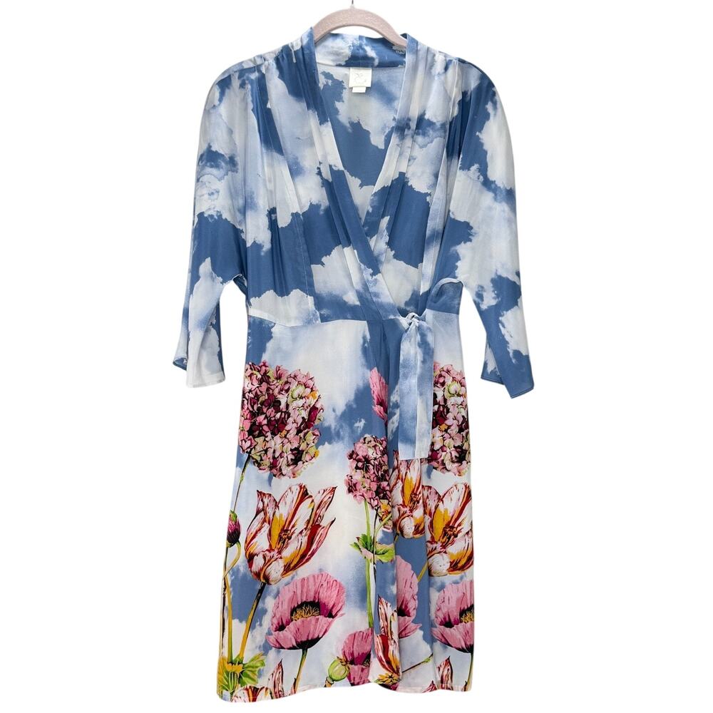Anthropologie E by Eloise Silk Wrap Dress S Blue Sky Floral Kimono Pockets EUC